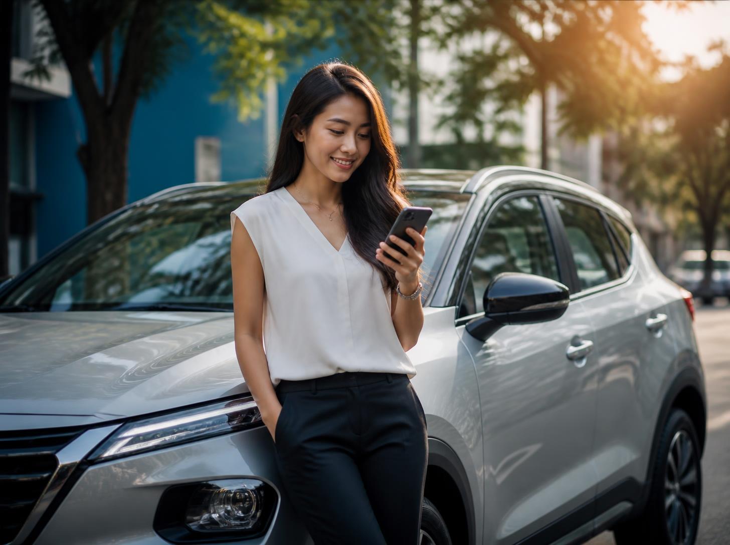 A smiling driver checks her phone beside her SUV on a sunny city street
