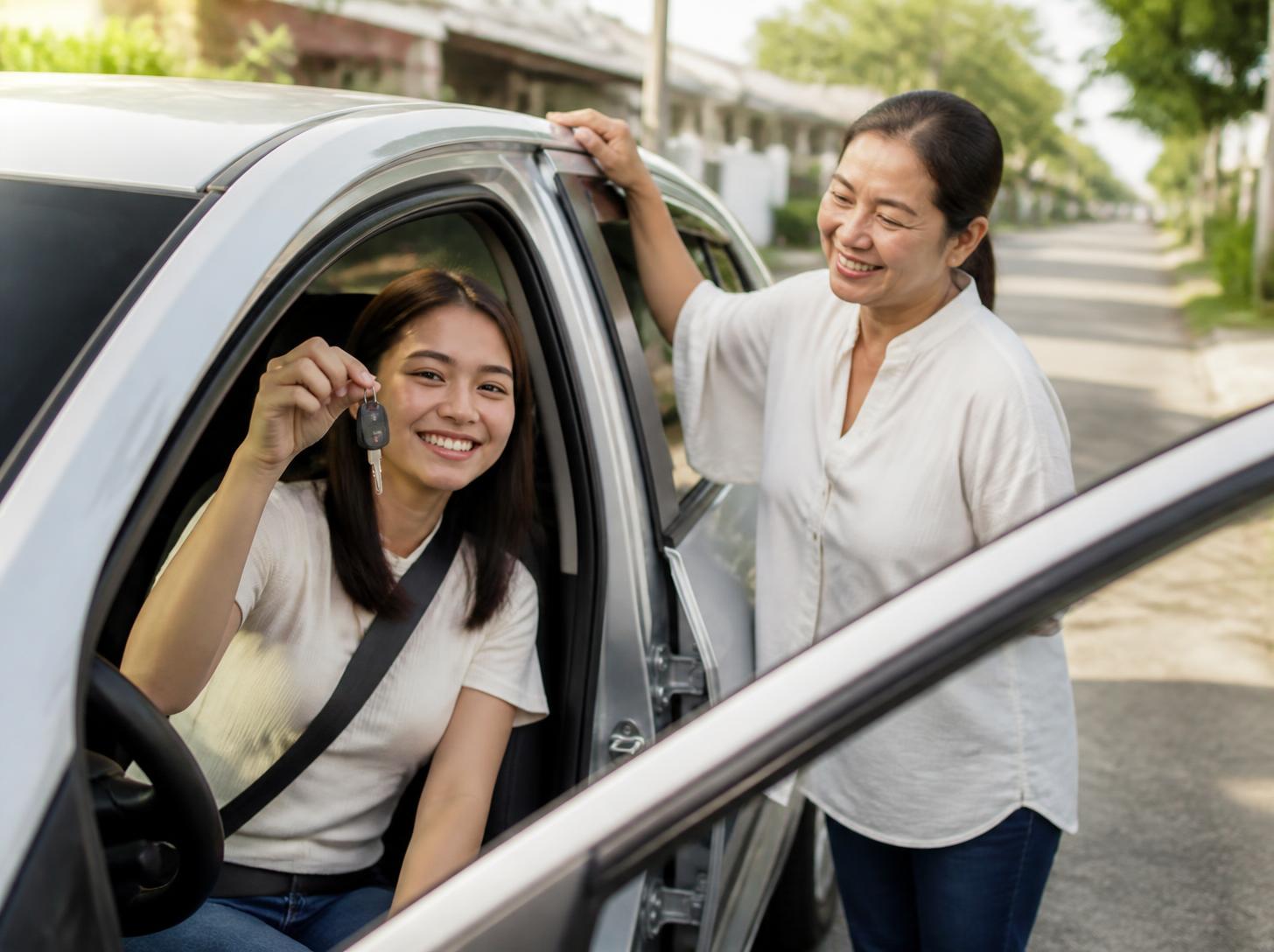 A happy new driver holds up her car keys while her mother smiles beside the car