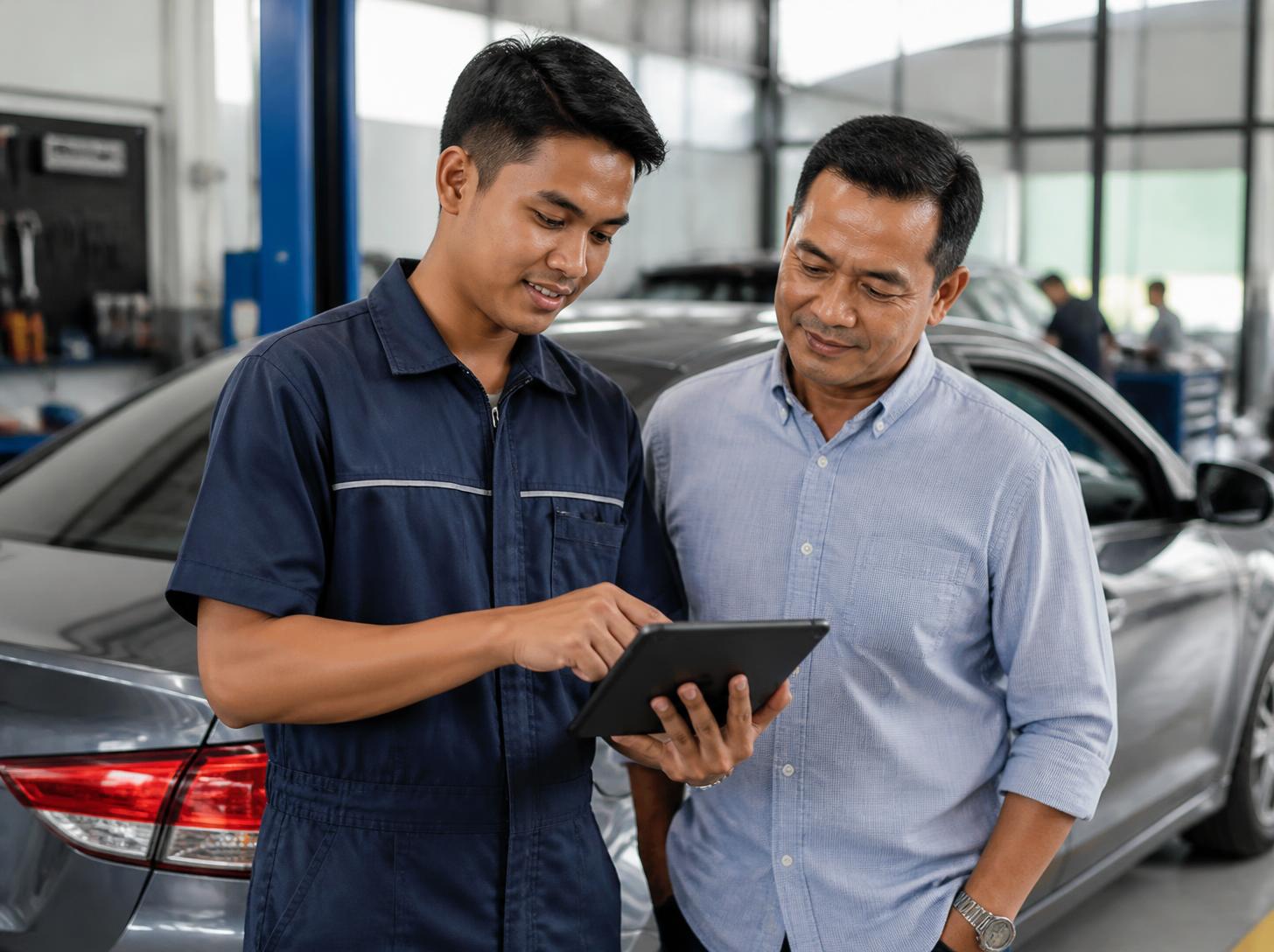 A mechanic shows a car owner the repair details on a tablet