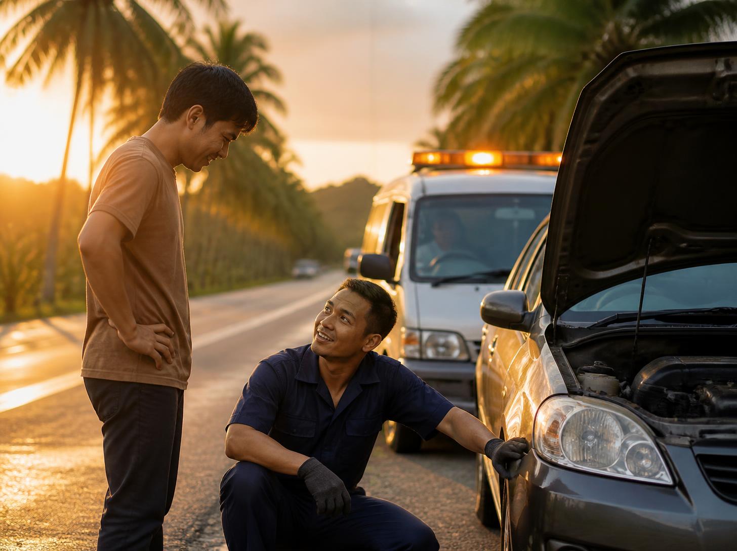 A mechanic helps a driver with a stalled car on the highway at sunset